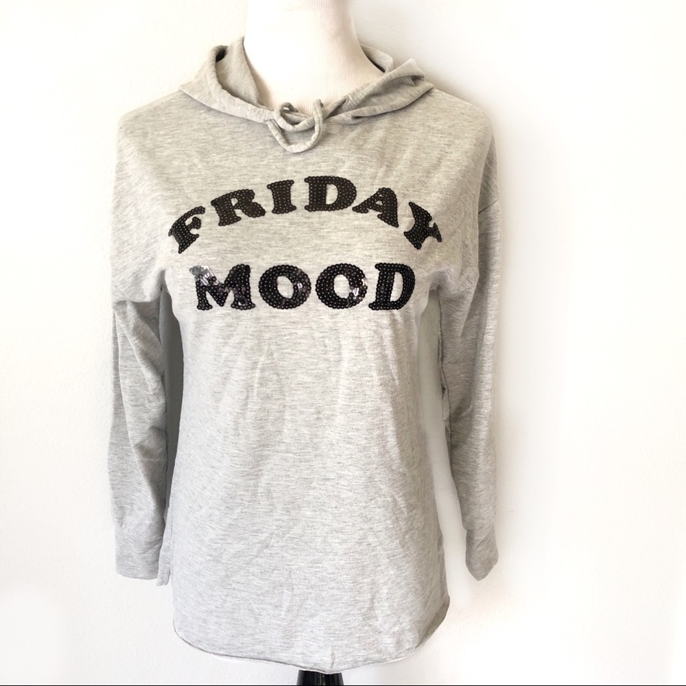 Sequins Hoodie FRIDAY MOOD REBELLIOUS ONE Hoodie Relaxed Fit Top Gray Bl… - Picture 4 of 10